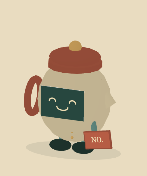 Cordelia, a rounded porcelain teapot puppet carrying a small NO sign.